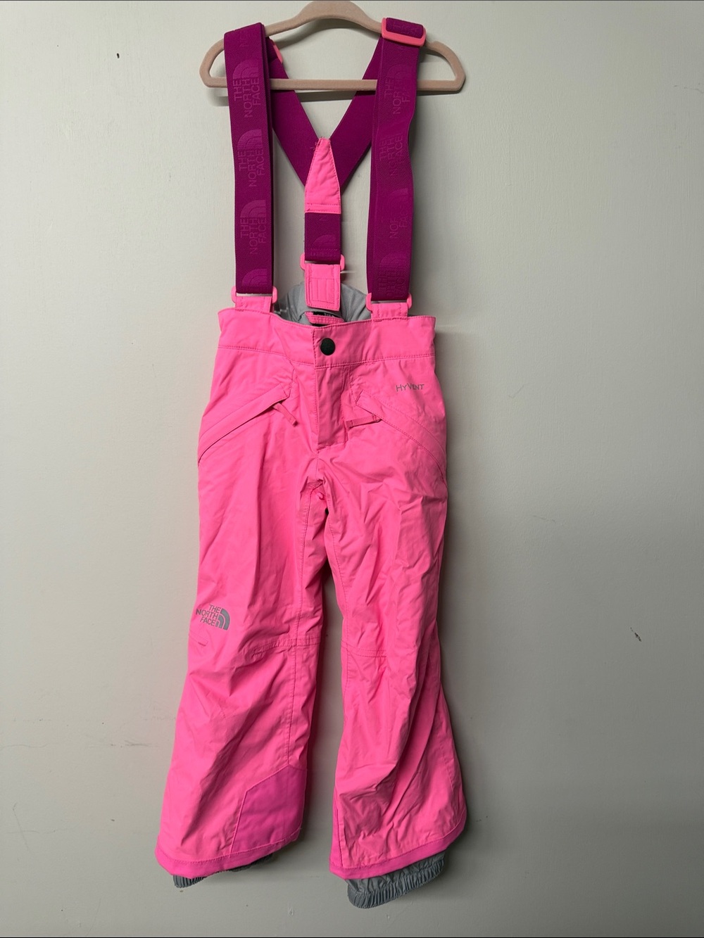 The North Face Pink Snow Overalls with neon pink with Suspenders